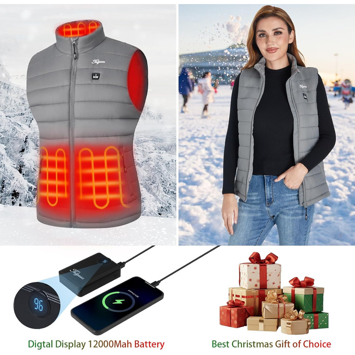 Гріюча жилетка для жінок Telguua з акумулятором 5V 12000mAh, USB-C, 4 зони нагріву, 3 режими температури, для активного відпочинку, біла (XXL, сірий)
