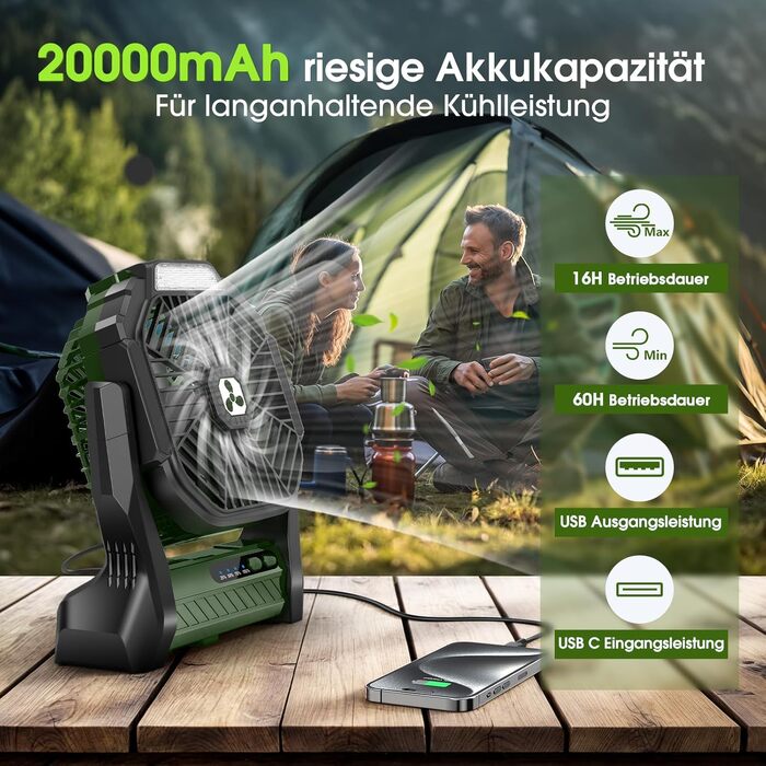 Акумуляторний портативний вентилятор 20000mAh з LED-ліхтарем, бездротовий настільний вентилятор для кемпінгу, подорожей та пляжу, USB-C зарядка, колір зелений