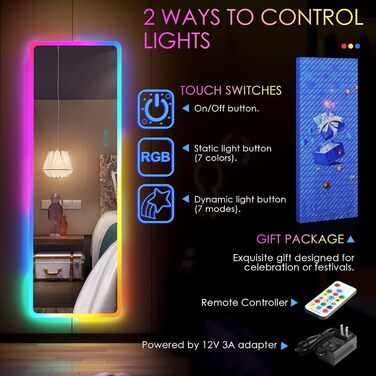 Дзеркало для тіла LVSOMT з підсвічуванням RGB, 120x40 см, настінне, для спальні, LED, сучасне, прямокутне, дзеркало над дверима