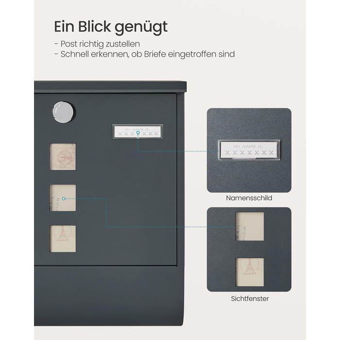 Поштова скринька SONGMICS з замком, оглядовим вікном та відділенням для газет, антрацит, 30.8x33.8x10 см (GMB20AG)