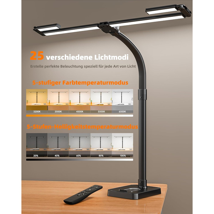 Стільна настільна LED-лампа 24W з регулюванням яскравості та 4-сегментним гнучким світильником, чорна
