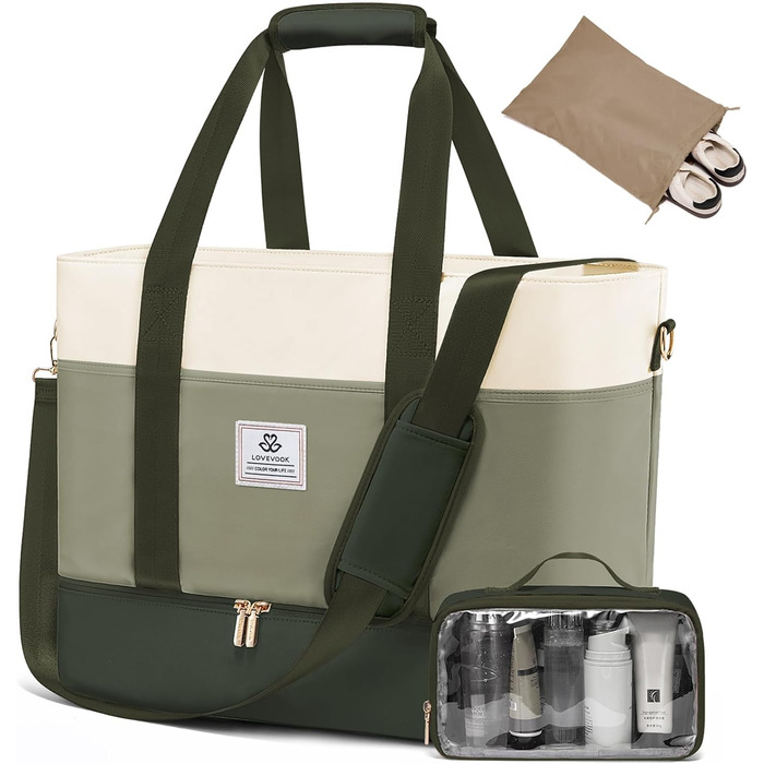Сумка-валіза LOVEVOOK для жінок, водонепроникна, 42L, зелено-бежева. Ідеальна для подорожей, спортзалу, пологів та Ryanair. Має відділення для взуття та клінічна сумка.