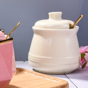 Sugar bowl with lid and spoon, ceramic sugar bowl, multifunctional sugar container, spice container, salt shaker, spice dishes, sugar bowl for the kitchen, storage (yellow)