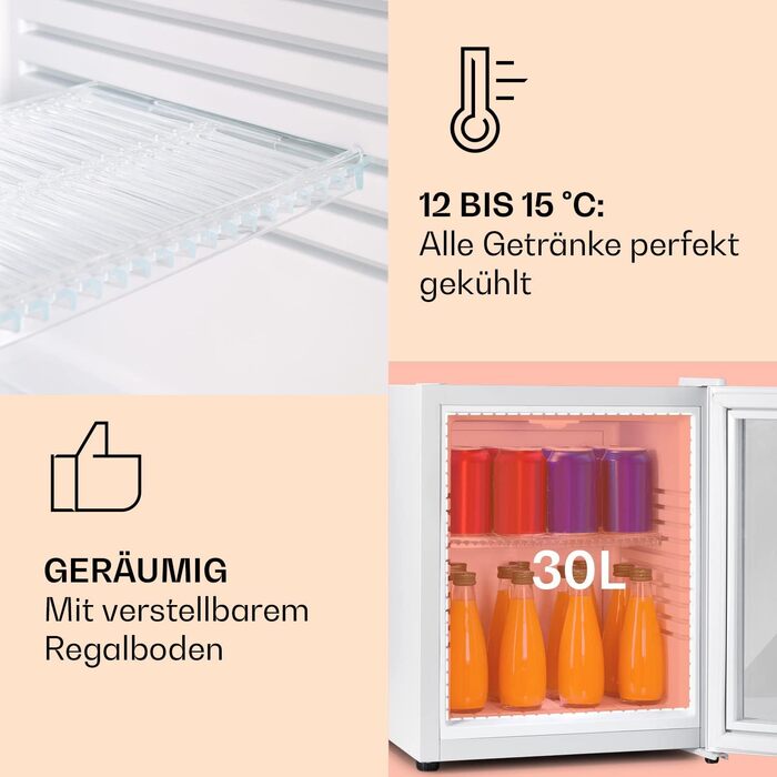 Klarstein Mini Fridge with Glass Door - Beverage, Snack & Cosmetic Cooler - Compact & Quiet - Adjustable Shelves - Skincare Fridge 12-18°C - 42L Capacity