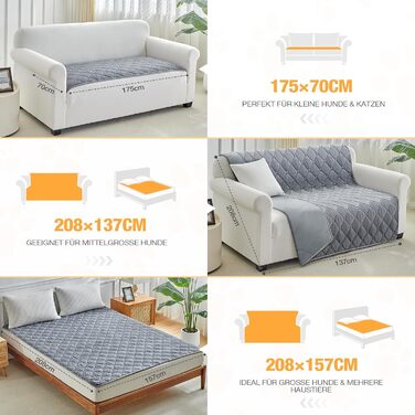 Водонепроникний килимок для собак Lekereise 137x208 см – 100% поглинаючий, не пропускає витоки, м'який, з антиковзаючим покриттям. Захист для дивану, ліжка та авто. Практичний килимок для собак та котів (Сірий)