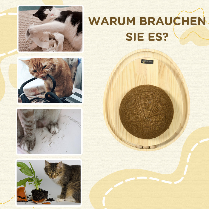 PawHut Interactive Cat Toy 2-in-1 Scratching Post with Scratching Board and Ball Track made of Jute and Pine Wood in Natural and Coffee 39.5x32.5x14.5 cm