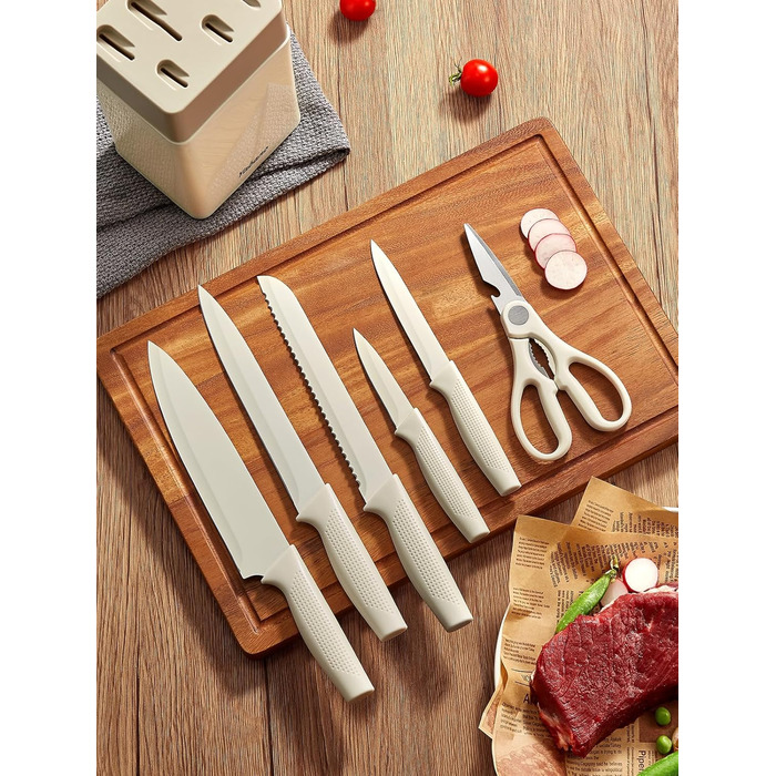 Набір кухонних ножів Yabano, 7 предметів: ніж кухарський, ніж для хліба, ніж для овочів, ніж для м'яса, ніж для чистки, ніж для стейка, ніж для овочів з інтегрованим точилом та пластиковим блоком (білий)