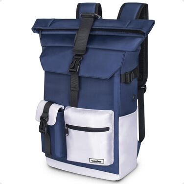 Roll-Top Backpack Waterproof, 27L Large Backpack Men Women, School Backpack with 17.3 inch Laptop Compartment, Travel Backpack Hiking Backpack for Business, Work, University, Travel, Leisure (Blue)