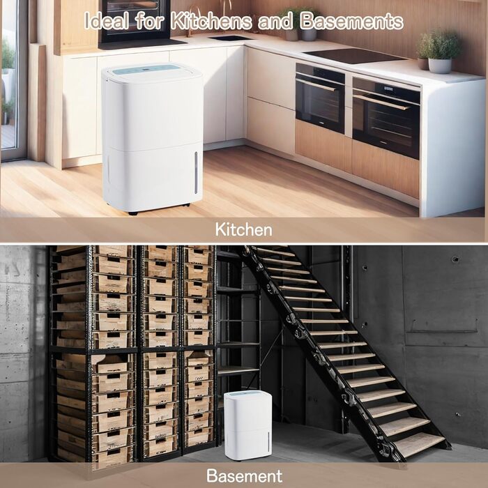 Електричний осушувач повітря 70л/день з авторежимом та шлангом для підключення. Ідеально для підвалів, ванних кімнат, спалень до 150㎡. Осушувач з цифровим дисплеєм, захистом від плісняви, 360° колесами, тихий 40dB, білий