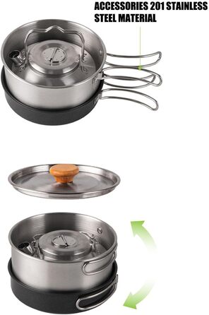 Набір кухонного посуду Pomurom Outdoor: нержавіюча сталь, для кемпінгу, пікніків та походів. Включає каструлю, чайник, набір посуду та сумку для зберігання