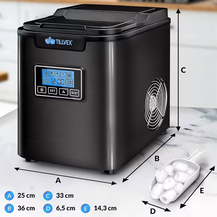 tillvex Ice Maker Stainless Steel 12 kg - 24 h | Ice Cube Maker with Timer and 2.2 Liter Water Tank | Ice-Maker LCD Display & Self-Cleaning Function | 3 Ice Cube Sizes (Black)