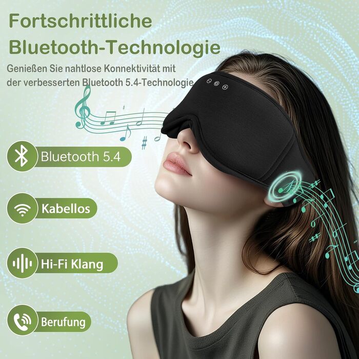 Маска для сну Musicozy з навушниками | 3D маска для сну з Bluetooth 5.4, Bio-Bambus Baumwolle, для подорожей, з навушниками, для чоловіків та жінок