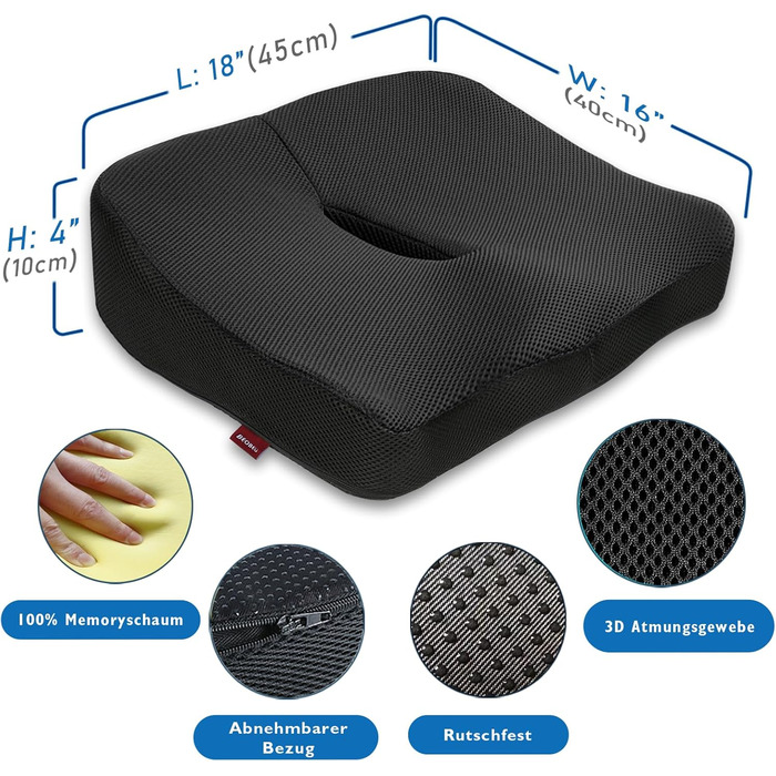 Подушка ортопедична для сидіння з піни Memory Foam, чорна 45x40 см. Зняття болю в спині, попереку, куприку та при ішіасі. Для офісного крісла, авто, інвалідного візка.