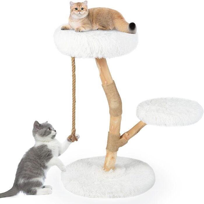 Дерев'яний кігтеточки для котів COSTWAY 90 см, 3-ярусний, з плюшем, джутовим мотузком, білий + натуральний колір