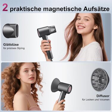 Фен для волосся з іонізацією 200 млн іонів, з насадкою-дифузором, безщітковий двигун 110 000 об/хв, 1600 Вт, 59 дБ, компактний фен для подорожей, 2 роки гарантії