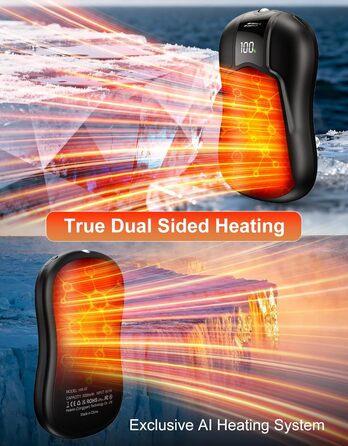 Електричні грілки для рук 2 шт. з акумулятором 10000mAh, подвійний нагрів, 5 температурних режимів, для активного відпочинку, кемпінгу та зими, чорного кольору