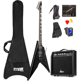 Електрогітара Max GigKit Rock Style: Комплект для гітари з підсилювачем, чохлом, медіатором, тюнером, кабелем, струнами та ременем, 24 лади - Чорний