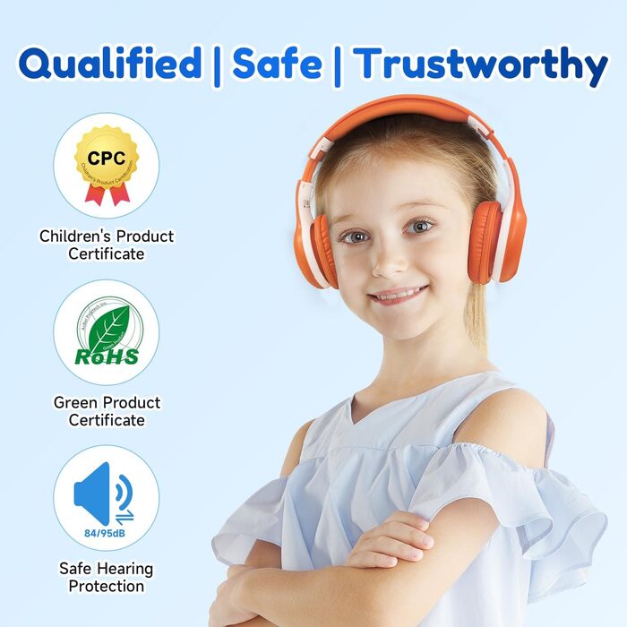 Бездротові навушники EarFun для дітей з Bluetooth, регулюванням гучності 85/94 дБ, Hi-Fi звук, HD-мікрофон, 40 годин роботи акумулятора, складні, регульовані, для школи/подорожей/ПК, помаранчеві