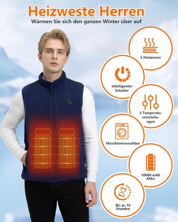 Обогрівальна жилетка з флісу для чоловіків з акумулятором 5V 10000mAh - жилетка для чоловіків з 3 рівнями нагріву, 5 зонами обігріву, ідеальна для роботи на відкритому повітрі, катання на лижах, піших прогулянок та щоденних поїздок (M, Морська синя)