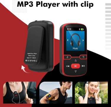 MP3 плеєр 64GB Bluetooth 5.3 з кліпсою, Hi-Fi, для спорту, з FM-радіо, диктофоном, крокоміром, підтримка картки до 128GB, червоний