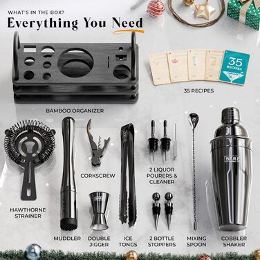 Набір бармена BARE BARREL® з 14 частин: шейкер, аксесуари для Мартіні, інструменти для приготування коктейлів, 35 рецептів, подарунковий набір (680 мл, чорний)