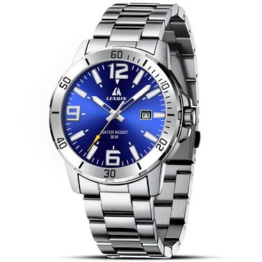 Годинник чоловічий LENQIN з нержавіючої сталі, водонепроникний, з датою, аналоговий кварцовий годинник, бізнес-стиль, срібний колір, синій циферблат