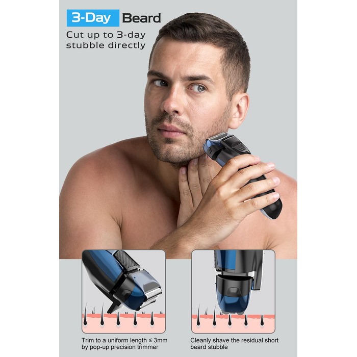 Електрична бритва чоловіча з 3 гнучкими лезами та тримером, синя. Бритва для вологого та сухого гоління, з кейсом для подорожей, акумуляторна, 120 хв роботи. Подарунок для чоловіків
