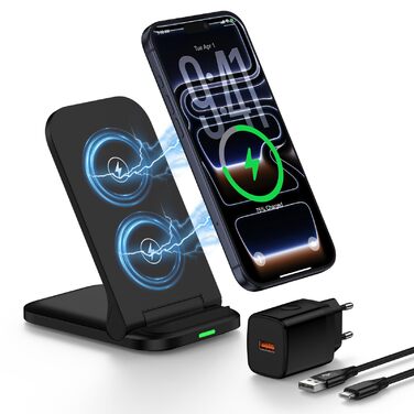 Бездротова зарядка Samsung 15W з адаптером живлення: підставка для швидкої зарядки Galaxy S25/S24/S23/S22/S21/S20, iPhone 17-11, Google Pixel 10/10 Pro/9 Pro – чорна, складана