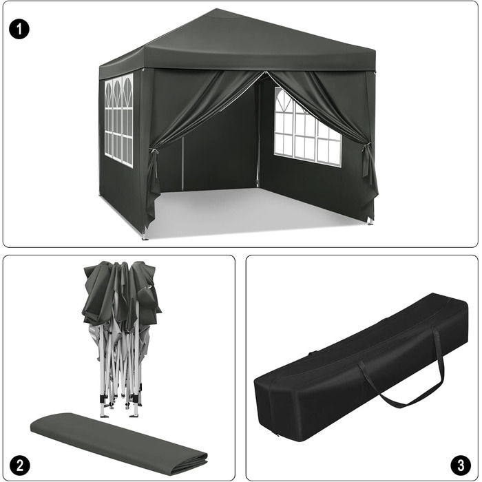 WOLTU Pop-Up Gazebo, Waterproof Folding Pavilion, Sunshade Event Pavilion with Side Walls, Garden Pavilion for Patio, Camping, Festival, Pagoda Tent from Oxford Fabric and Metal Frame, 3 x 3 m (Grey)