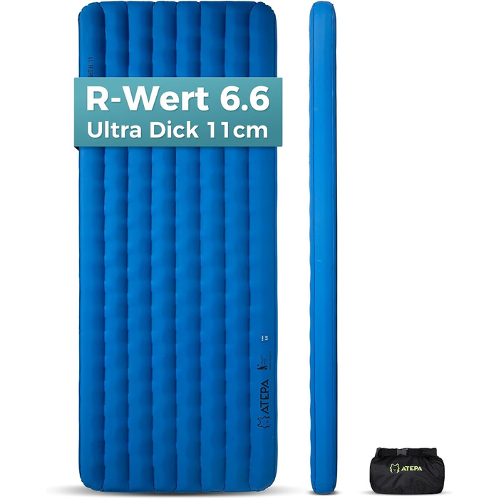 Каремат туристичний ATEPA ThermAir Ultraleicht - ізольований, 6R, R-значення 6.6, 7 камер, 11см товщини, блакитний