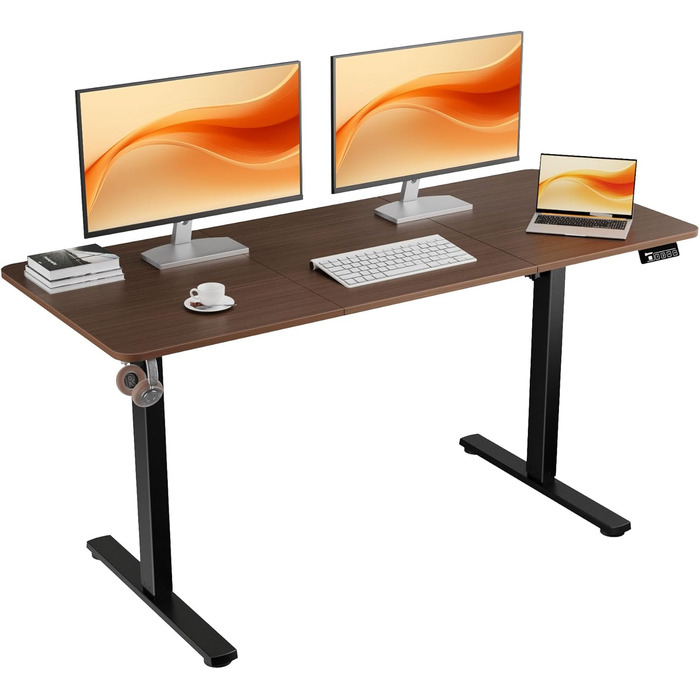 Ergonomaker Electric Height Adjustable Desk 80x60cm - Compact Standing Desk with 2-Section Tabletop, Adjustable Desk for Home Office (White Frame + Walnut Tabletop)