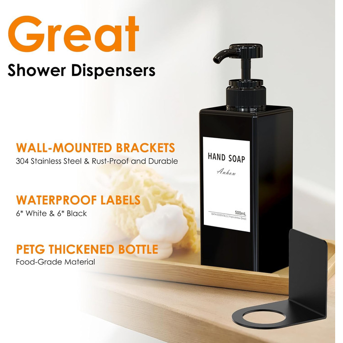 Настінний диспенсер для мила Anhow 3er PETG, 500 мл, чорний, без свердління, з 16 вологостійкими етикетками для кухні/ванної кімнати