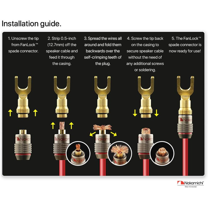 Позолочений Y-подібний роз'єм Nakamichi FanLock Excel-Serie для акустичних кабелів 10-18 AWG, 4мм, для Hi-Fi стерео та домашнього кінотеатру, 4 шт (2 пари)
