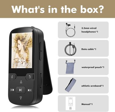 MP3 плеєр Bluetooth 5.3 з кліпсою, HiFi спортивний плеєр для дітей з FM-радіо, диктофоном та крокоміром, 64GB, чорний