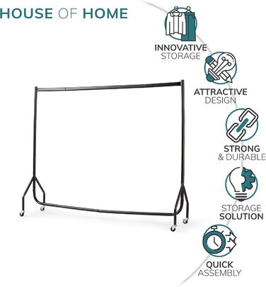 House of Home Robust Metal Clothes Rail with Wheels – 1-Tier Replacement for a Wardrobe with a Single Rail – Clothes Rack for Hanging – Storage