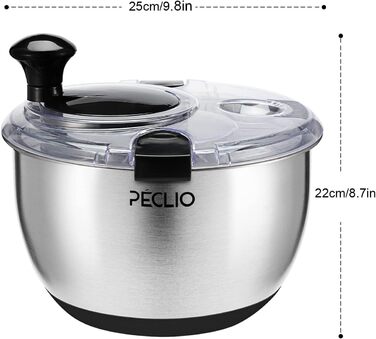 Large 4.5L Salad Spinner Stainless Steel 18/10 High-Quality with Transparent Lid, Non-Slip Bottom - Salad Spinner with Crank Mechanism - BPA-Free & Dishwasher Safe, Black