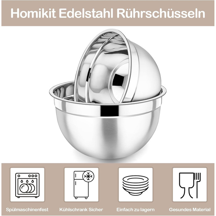 Homikit Mixing Bowls, 7-Piece Stainless Steel Bowl Set with Airtight Lid, Stackable Salad Bowl for Cooking/Baking/Serving, Dishwasher Safe, 6.5/4.5/2.7/2.5/1.5/1.2/0.7L, Khaki
