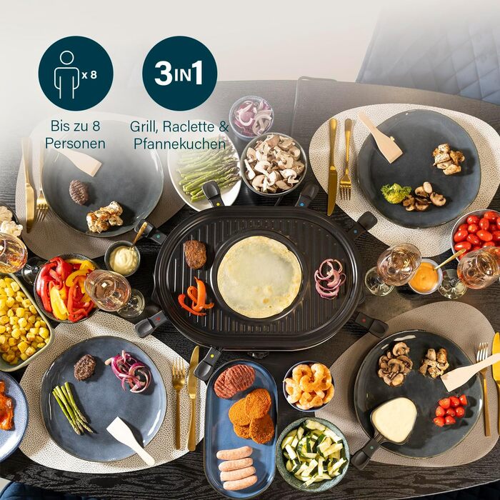 Електричний гриль Princess Raclette 8 панелей, овальний, 1200 Вт, багатофункціональна пластина з секцією для млинців, 42x30 см, чорний, нержавіюча сталь