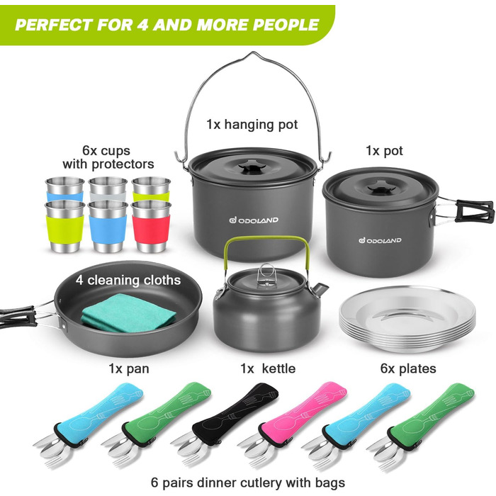 Odoland Camping Cookware Set - 6 Person Outdoor Cooking Set for Backpacking, Camping, and Picnics