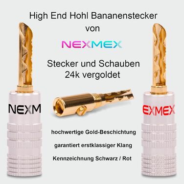 NEXMEX Бананові конектори 4мм - набір 4 шт. - Золото 24K - для акустичних кабелів - Hi-Fi аудіо