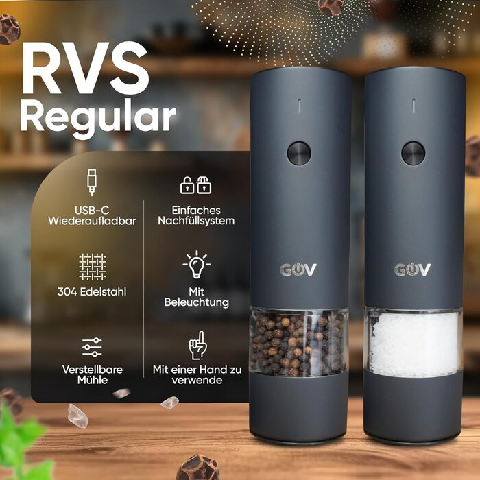 GOV Electric Pepper and Salt Grinder Set - 45 ml Black Edition - USB-C Rechargeable - 6 Adjustable Grind Sizes - Stylish Black Stainless Steel Design with LED Lamp