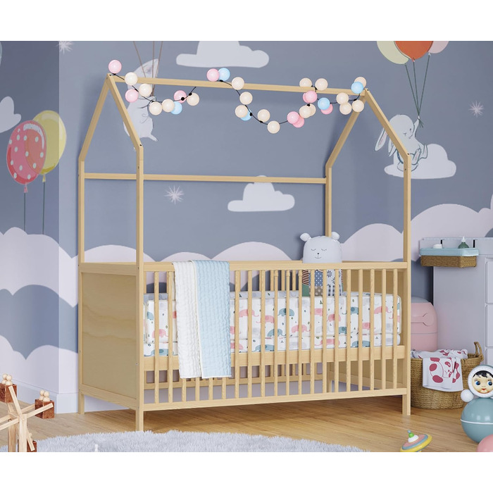 Bellabino Nika Babybett in House Design 70 x 140 cm, cot and house bed for children and babies made of solid pine wood in natural finish, 3-fold height adjustable including slatted base.