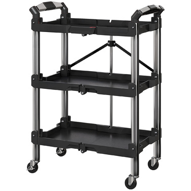 HOMCOM 3-Tier Rolling Tool Cart, Folding Tool Wagon with Handle, Assembly Cart Workshop Cart for Warehouse, Garage, Load Capacity up to 68 kg, Black | Aosom