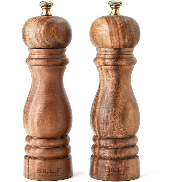 Bill.F Salt and Pepper Grinder Set, Wooden Pepper Grinder 2-Piece Set Manual Salt and Pepper Shakers Grinder Refillable 7 inches with Adjustable Ceramic Grinding Rotor