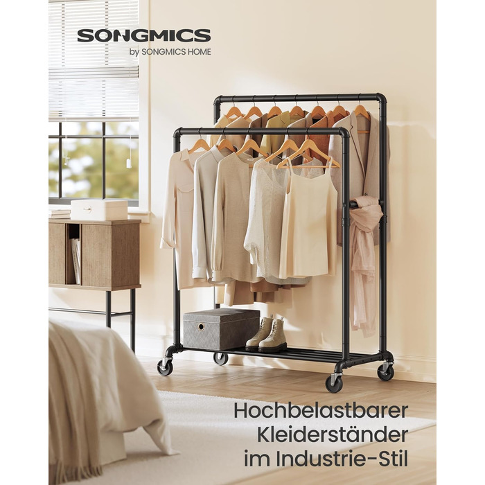 SONGMICS Clothes Rack, Clothes Rail, Coat Rack with 2 Clothes Rails and Shelf, Wheels, Load Capacity up to 110 kg, Industrial Design, for Bedroom, Dressing Room, white HSR060W01 (Black)