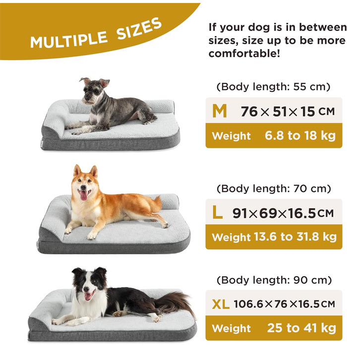 Orthopedic Dog Bed for Large Dogs - 106.6x76x16.5cm Dog Sofa with Egg-Shaped Foam and Waterproof Inner Liner, Cozy Washable Dog Couch Bed, Grey (L 91 x W 69 x H 17 cm)