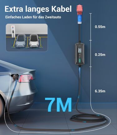 Портативний зарядний пристрій для електромобілів IEC 62196-2, 7,4 кВт, 7м, IP65, LCD, регулювання потужності та часу початку