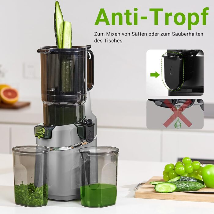 AMZCHEF 250W Automatic All-in-One Juicer, 135MM Opening and 1.8L Juicer for Vegetables and Fruits, Slow Juicer Winner with Triple Filter - Grey