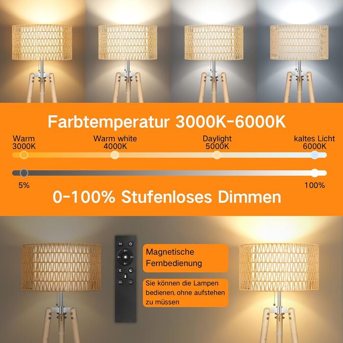 LED торшер Outon з трьома ніжками, регульоване освітлення, полиця, пульт, 4 режими кольору, таймер, 2 плафона, для вітальні/спальні (дерев'яний)