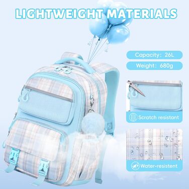 Шкільний рюкзак Tanou для дівчаток, великий, ергономічний, модний каро - ідеальний для підлітків та подорожей (блакитний)